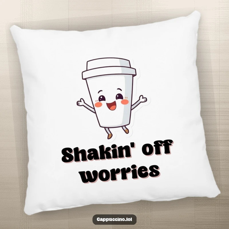 Funny Coffee Cup Shimmy Pillow with a delighted character grooving, perfect for adding comfort and humor to any space.