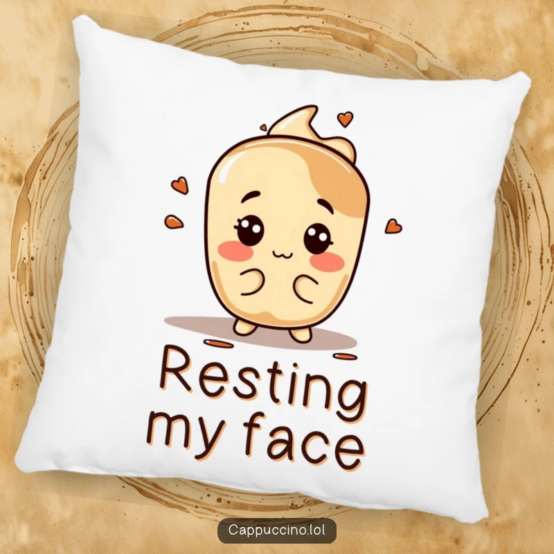 Funny espresso stain pillow, playful character making silly faces, soft and comfy cushion, delightful funny gift.