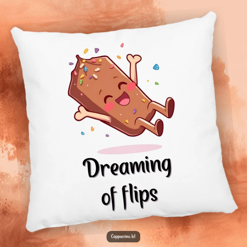 Funny Pillow featuring a giggling chocolate sprinkle character performing a joyful somersault, offering comfort and cheer.