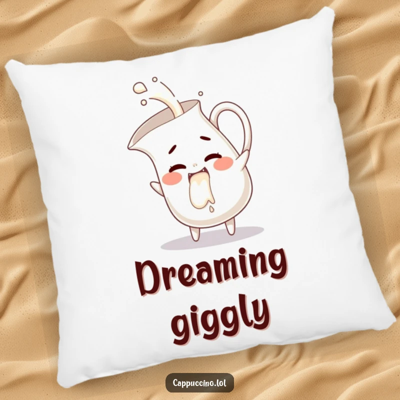 Funny milk pitcher pillow, mischievous character pouring giggles, soft and cozy cushion, delightful funny gift.