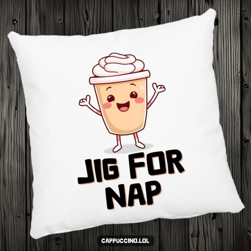 Funny decorative pillow with a cartoon cappuccino cup character doing a happy dance, ideal for couches and beds.
