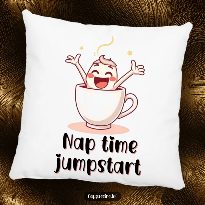 Funny Pillow featuring a gleeful espresso shot character making an exciting leap into a steaming coffee cup, perfect for cuddles.