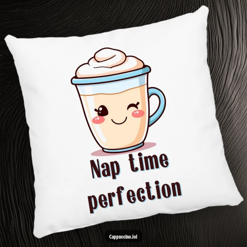 Funny cappuccino pillow featuring a smiling coffee cup character with frothy foam art, offering cozy cheer and morning smiles.