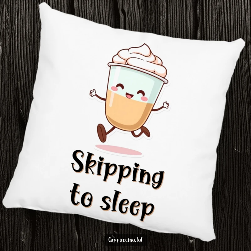 Funny pillow with a smiling cappuccino cup character with legs doing a silly little skip, adding cheer to any room.