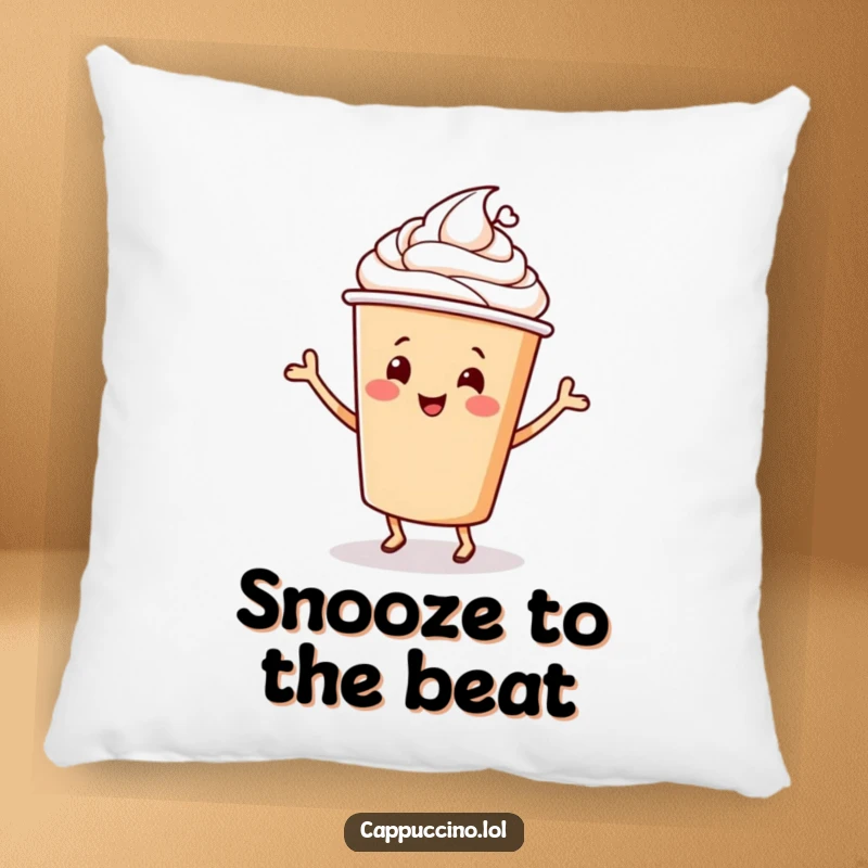 Funny Pillow featuring a content cappuccino cup character performing a joyful happy dance, offering comfort and cheer.