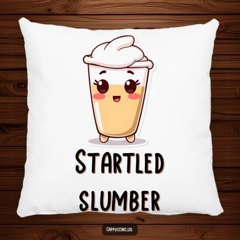 Funny Pillow showcasing a happy espresso shot character with a comical surprised face, perfect for lounging and laughter.