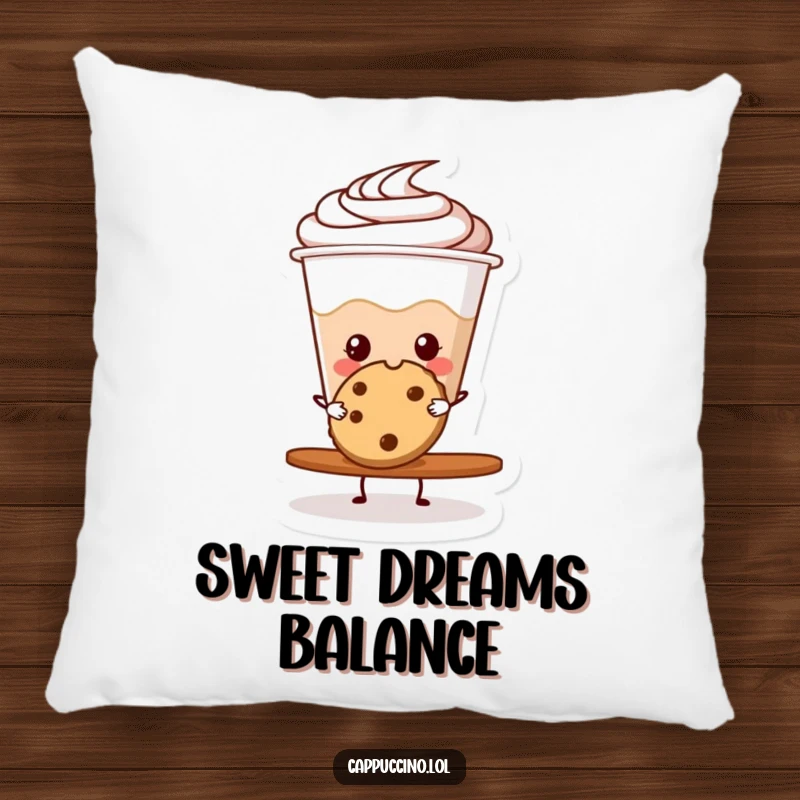 Funny cappuccino cup character balancing a cookie, printed on a soft and decorative pillow.