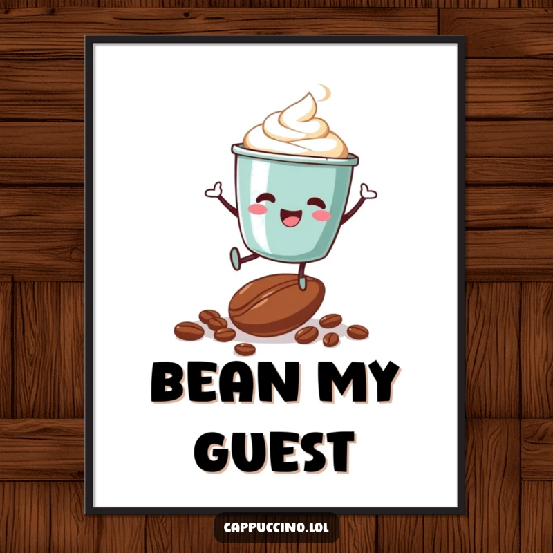 Funny digital art print of an energetic cappuccino cup character joyfully leaping over coffee beans, perfect for instant decor.