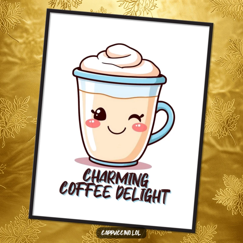 Funny cappuccino digital art print of a smiling coffee cup character with frothy foam art, bringing instant morning cheer.