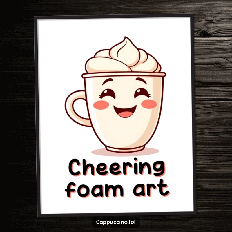 Funny digital art print of a grinning cappuccino cup character with a foam swirl cheering, perfect for instant coffee-themed decor.