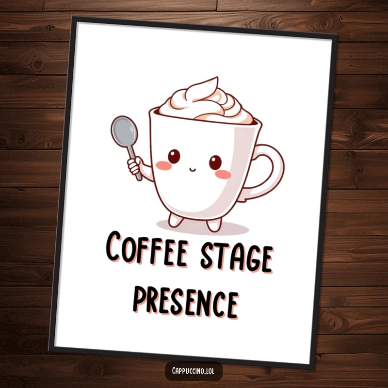 Funny digital art of a cappuccino cup character holding a tiny spoon like a microphone, ready to sing.