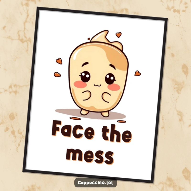 Funny espresso stain digital art print, playful character making silly faces, instant wall decor, humorous and quirky.