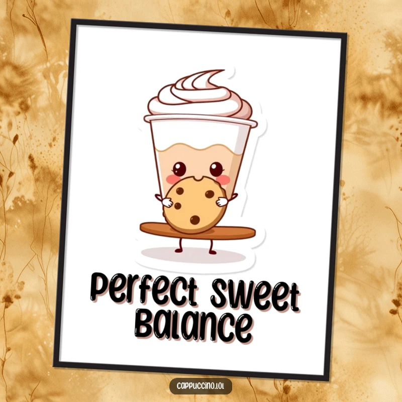 Funny cappuccino cup character balancing a cookie, available as a high-resolution digital art print.