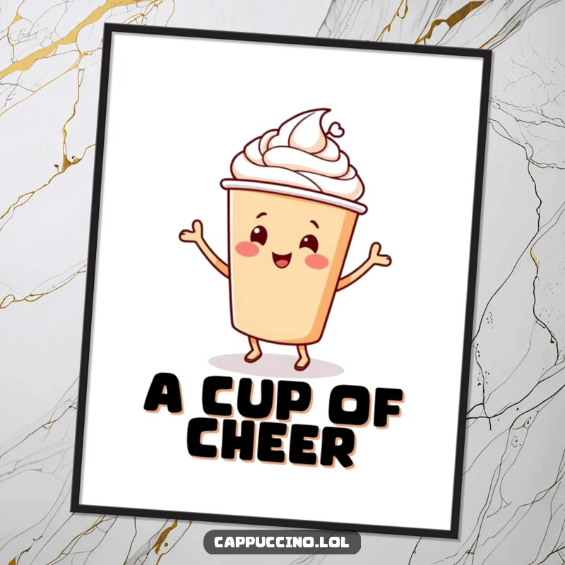 Funny Digital Art Print of a happy cappuccino cup character dancing joyfully, bringing cheerful coffee vibes to any room.
