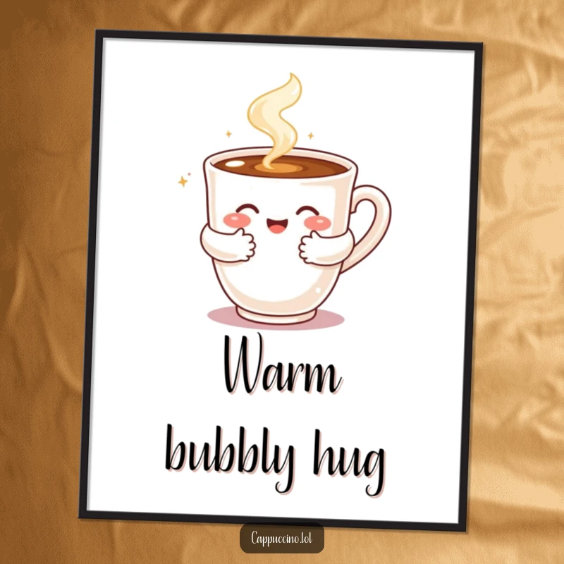 Funny digital art print of a steaming cappuccino cup character giving a warm, bubbly hug, creating instant coziness.