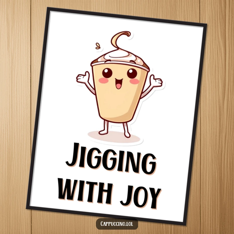 Funny digital art print of a jubilant cappuccino cup character doing a spirited celebratory jig with its arms, full of energy.