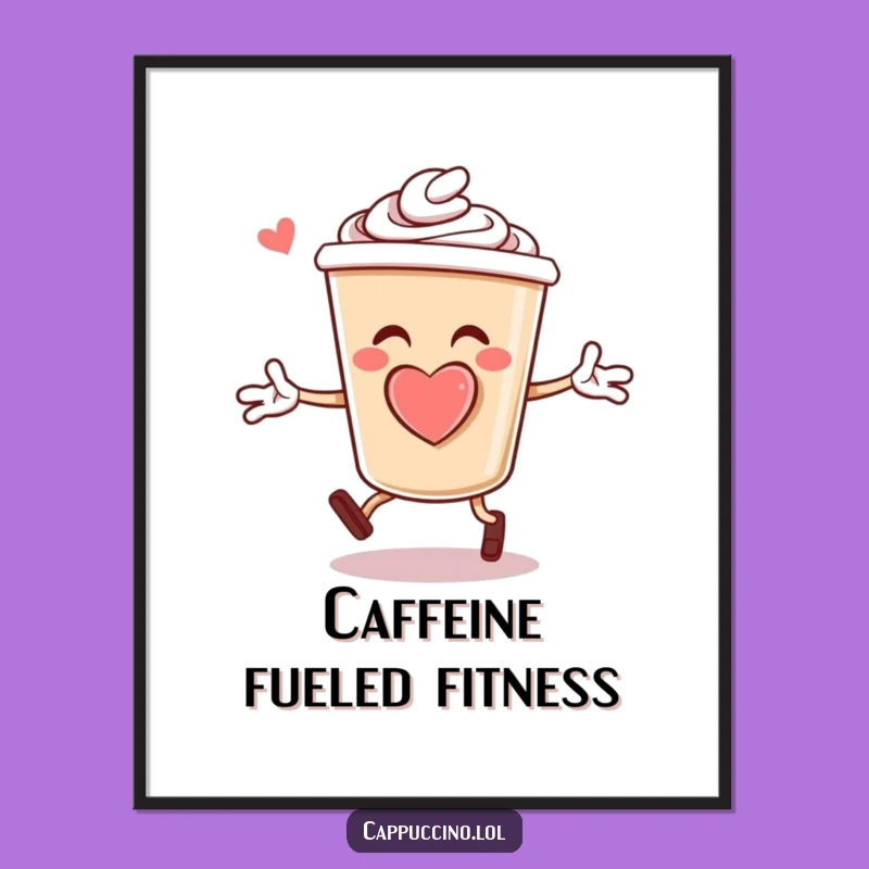 Funny Cappuccino Jumping Jacks Digital Print: Joyful Coffee Cup Character Foam Heart Art