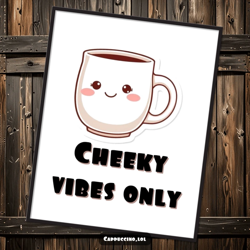 Funny Cheeky Grin Digital Art Print of a blushing ceramic mug character with a playful grin, ready to add charming mischief to any display.