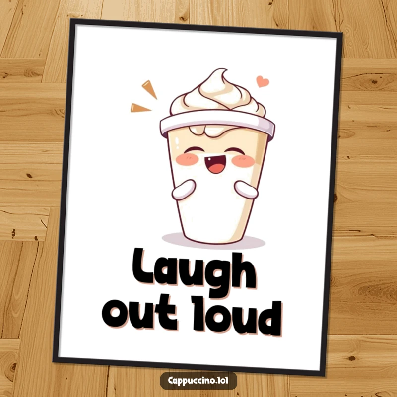 Funny digital art of a cappuccino cup character laughing heartily, its lid shaking with pure joy.