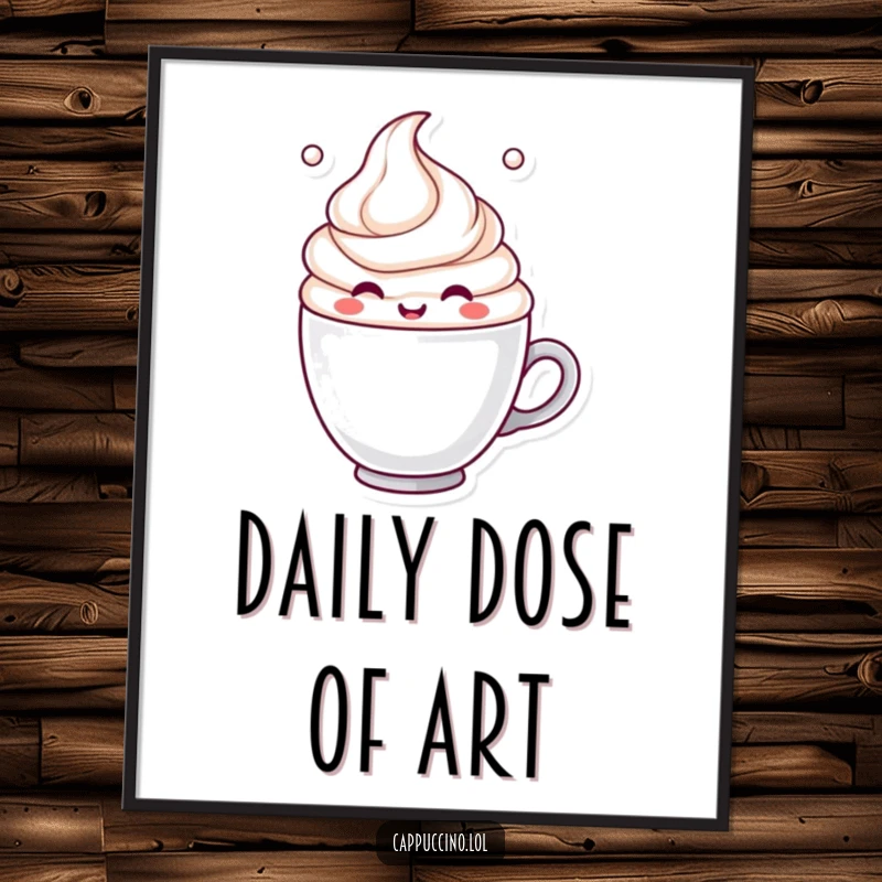 Funny Digital Art Print of a cheerful milk froth character swirling dynamically in a coffee cup, perfect for vibrant, humorous home decor.