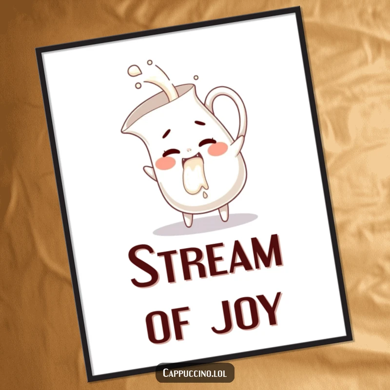 Funny milk pitcher digital art print, mischievous character pouring giggles, instant wall decor, humorous and playful.