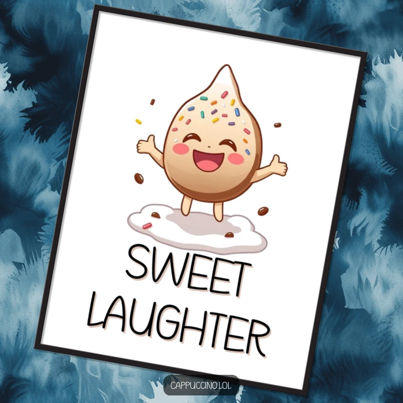 Funny Digital Art Print of a laughing chocolate sprinkle character bouncing joyfully on coffee foam, perfect for humorous and cheerful decor.