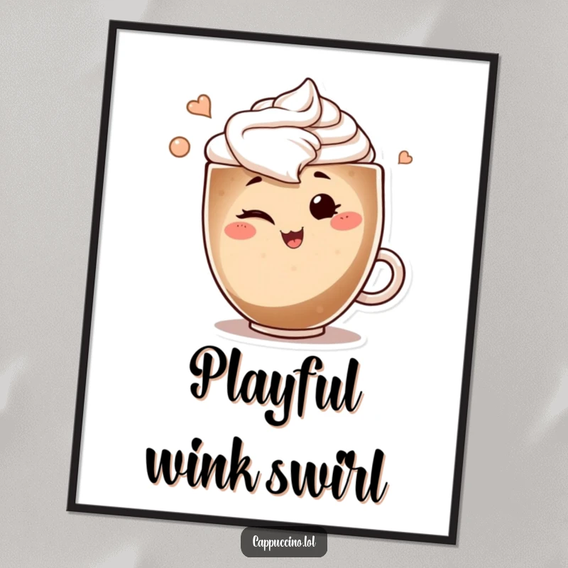 Funny digital art print of a smiling cappuccino art swirl character winking playfully, conveying instant cheekiness and style.