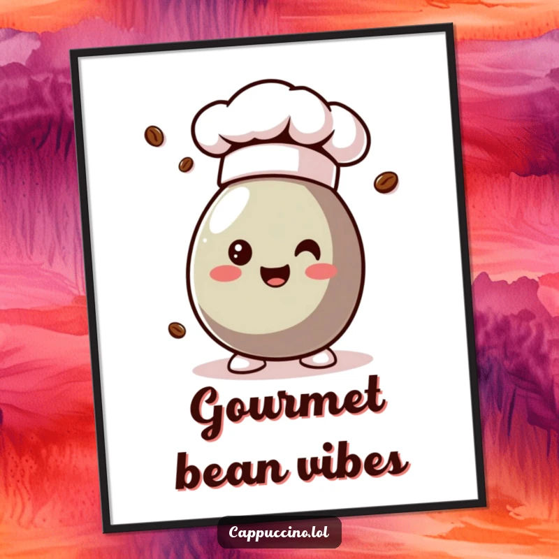 Funny coffee bean character with a chef hat, available as a high-resolution digital art print.