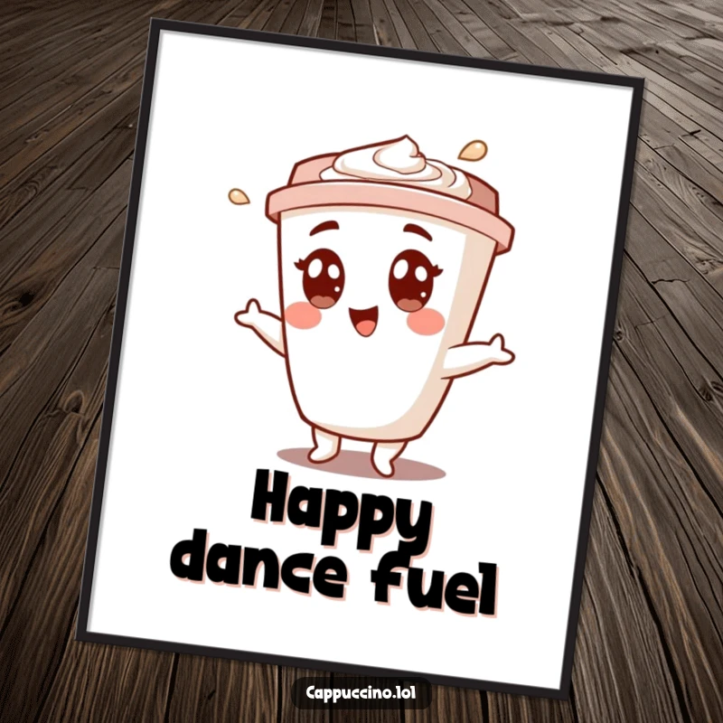 Funny digital art print of a wide-eyed cappuccino cup character performing a joyful shimmy, perfect for instant cheerful decor.