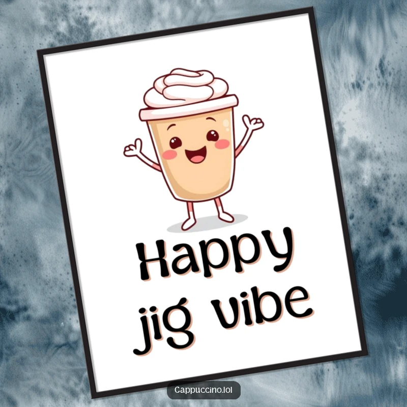 Funny digital art of a smiling cappuccino cup character with tiny arms performing an enthusiastic and joyful jig.