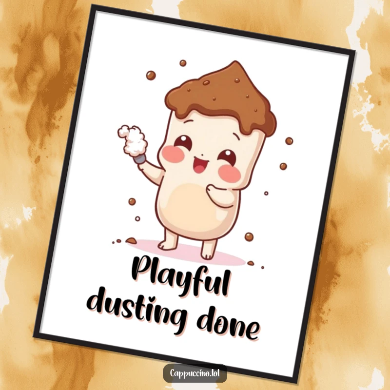 Funny Cheerful Cocoa Digital Art Print of a playful cocoa powder character dusting itself, ready to infuse any display with sweet charm.