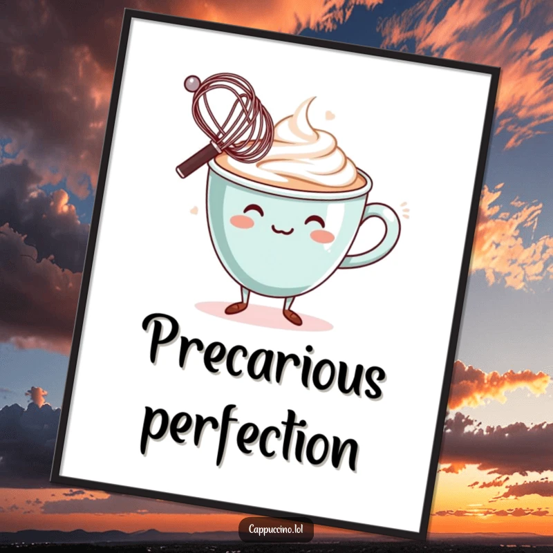 Funny Digital Art Print: Wobbly cappuccino cup character, balancing a miniature whisk on its rim, focused and humorous.