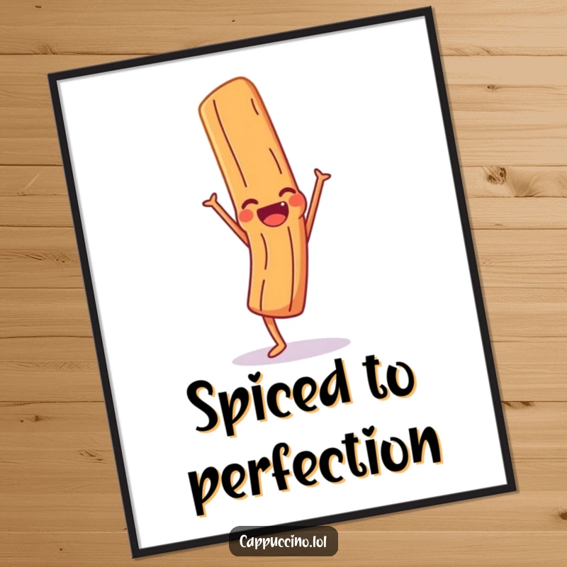 Funny Digital Art Print of a giggling cinnamon stick character performing a handstand, perfect for humorous and energetic wall decor.