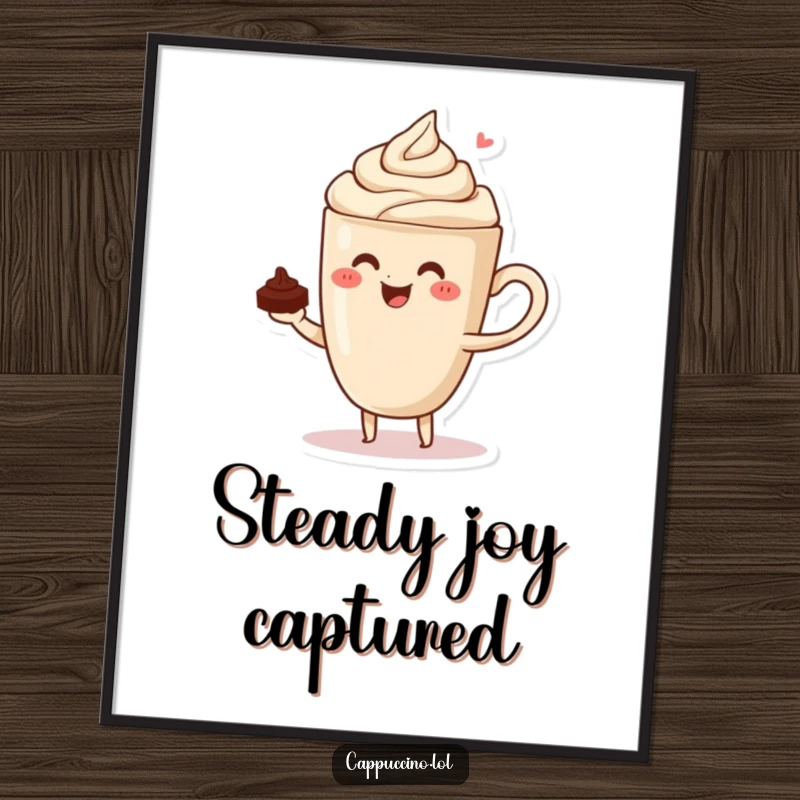 Funny digital art of a calm cappuccino cup character expertly balancing a tiny chocolate shaving.