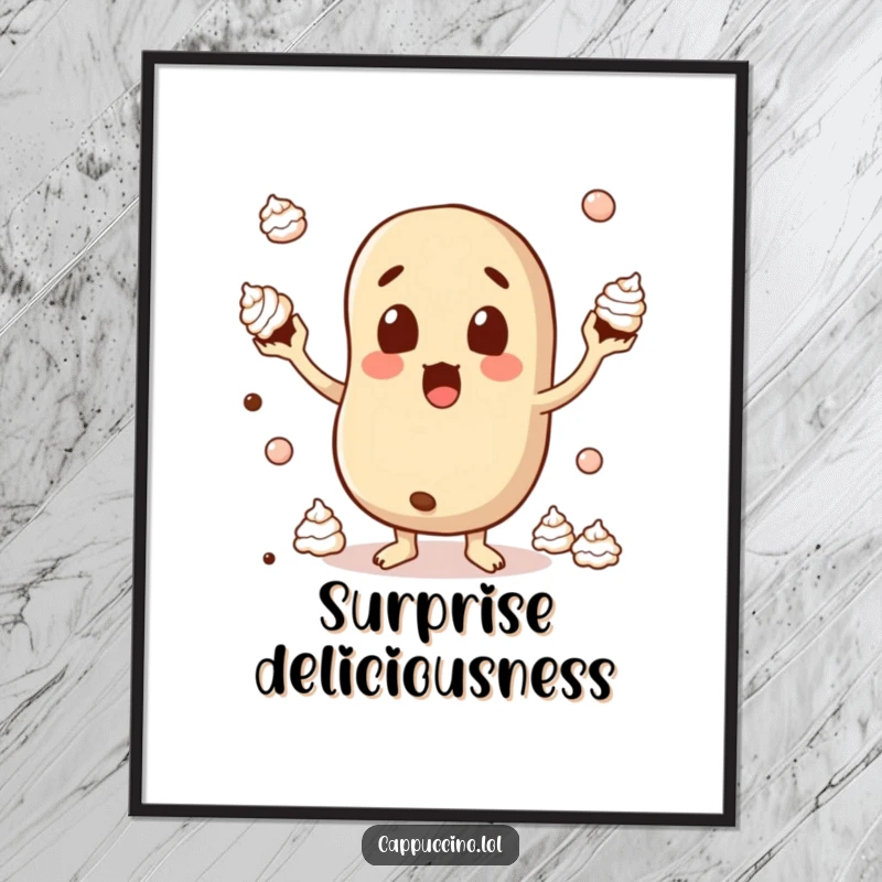 Funny Digital Art Print of a surprised coffee bean character comically juggling whipped cream dollops, bringing whimsical humor to any room.