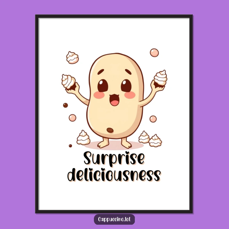 Funny Surprised Bean Digital Art: Juggling Cream Coffee Character - Instant Art