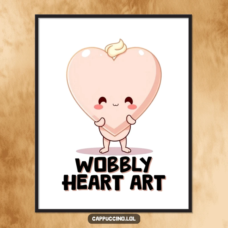 Funny digital art print of a wobbly cappuccino cup character balancing a large foam heart, conveying charming affection instantly.