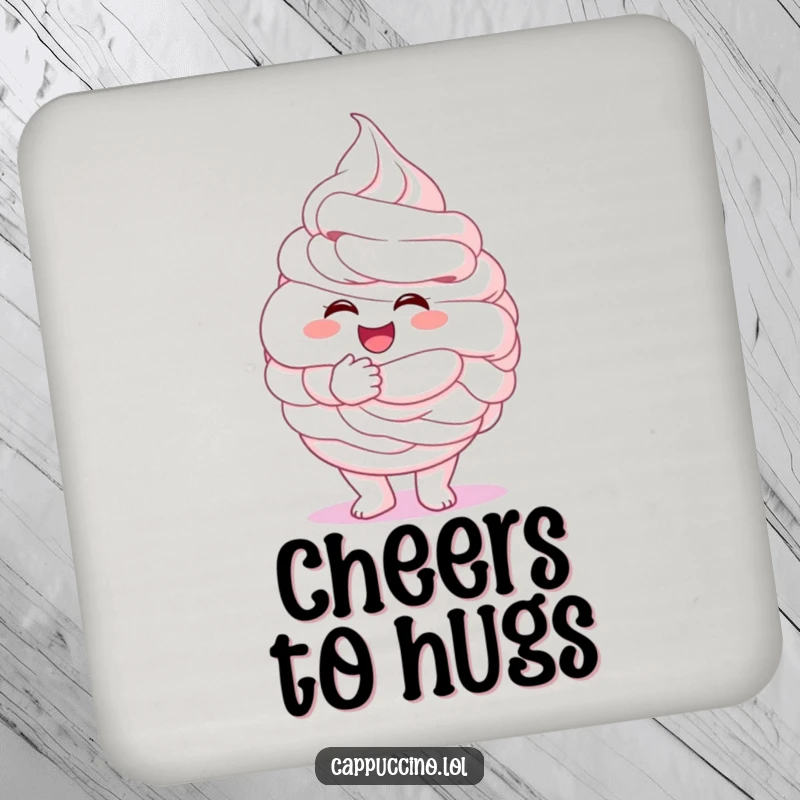 Funny whipped cream coaster, excited character giving a giant fluffy hug, protects furniture with sweetness, unique funny gift.