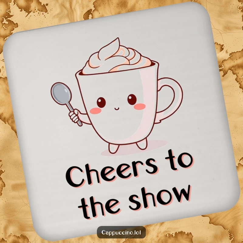 Funny coaster with a cappuccino cup character holding a tiny spoon like a microphone, perfect for music lovers.