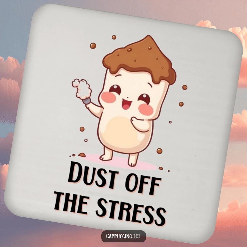 Funny Cheerful Cocoa Coaster with a playful cocoa powder character dusting itself, protecting surfaces with sweet charm.