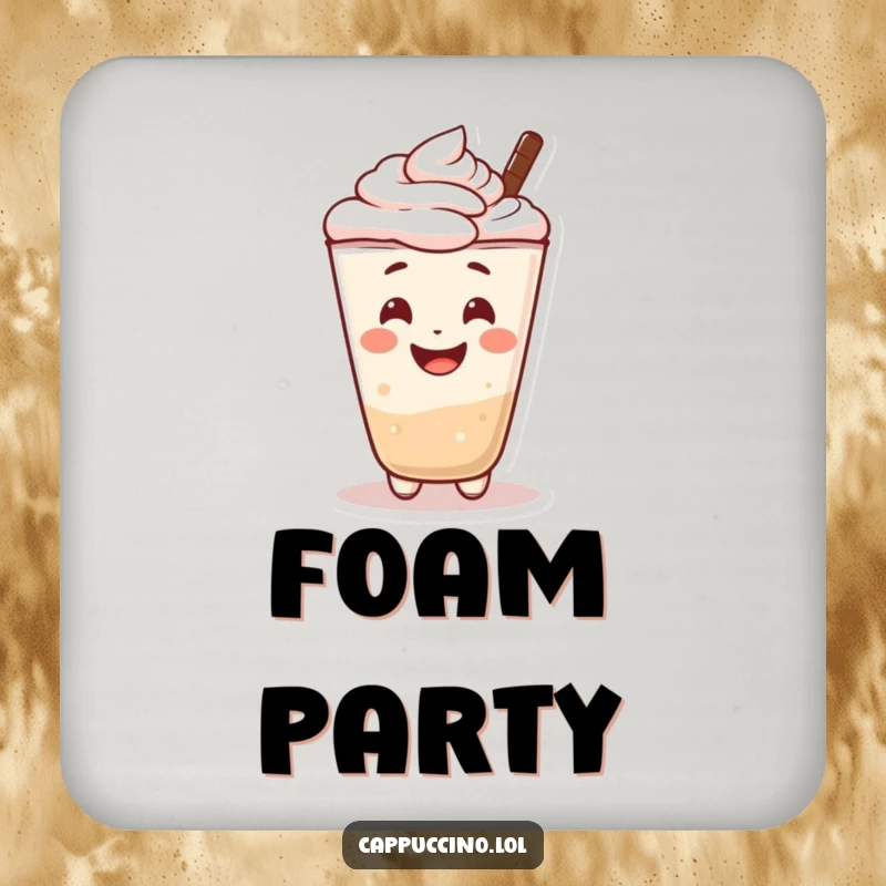 Funny drink coaster with a cheerful cappuccino foam character smiling. Protects furniture with sweetness.