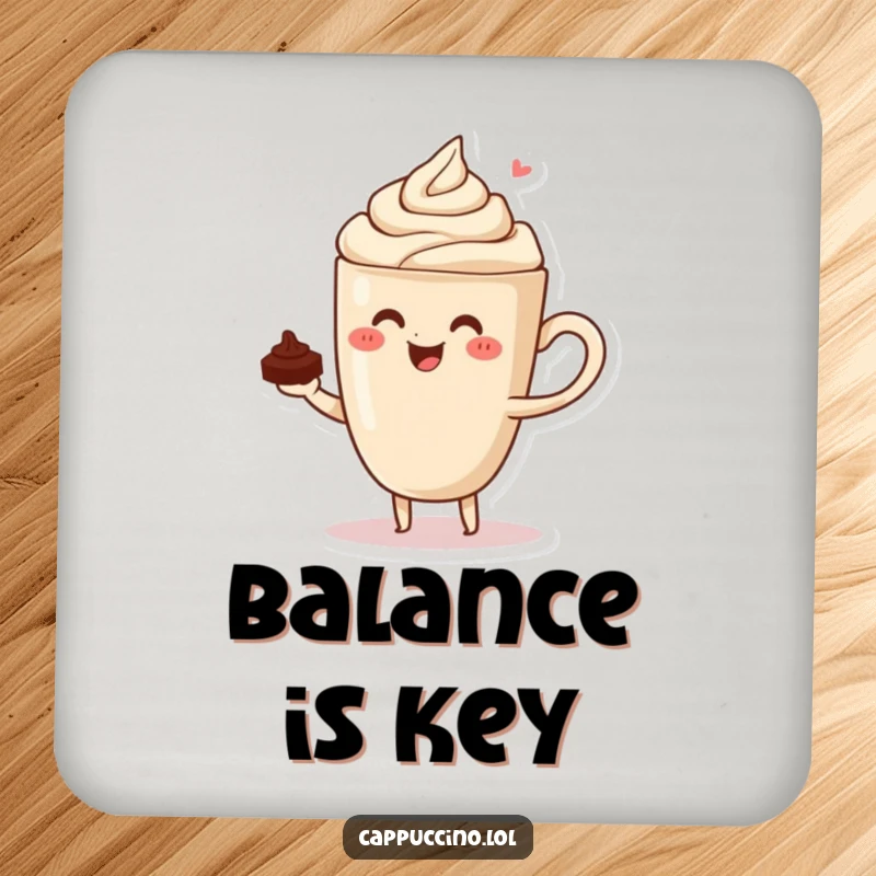Funny drink coaster with a calm cappuccino cup character perfectly balancing a tiny chocolate shaving.