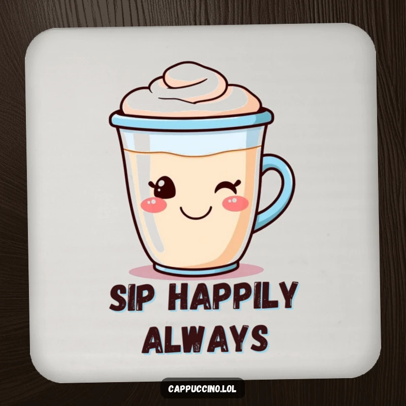 Funny cappuccino coaster set with a smiling coffee cup character and frothy foam art, offering protection and morning cheer.
