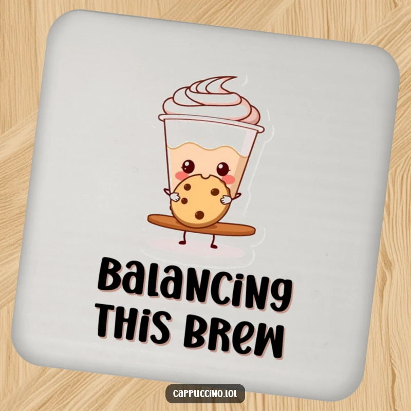 Funny cappuccino cup character balancing a cookie on a drink coaster, adding humor to tabletops.