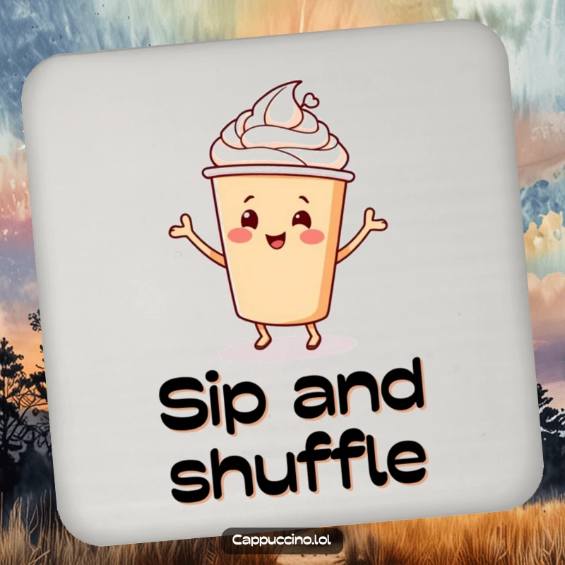 Funny Drink Coaster with a cheerful cappuccino cup character doing a happy dance, protecting your tables with style.
