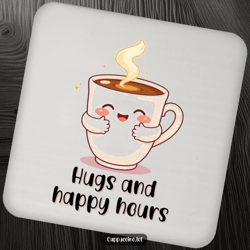 Funny coaster with a steaming cappuccino cup character giving a warm, bubbly hug, protecting surfaces with affection.