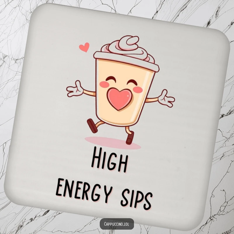 Funny Drink Coaster: Cheerful cappuccino cup character with a foam heart, performing jumping jacks, a playful addition to drinks.