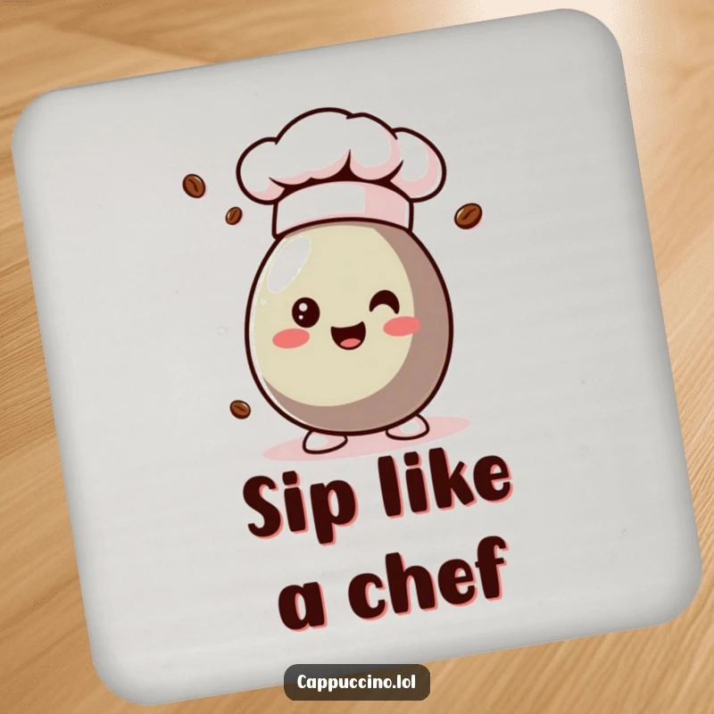 Funny coffee bean character wearing a chef hat on a drink coaster, adding gourmet humor.