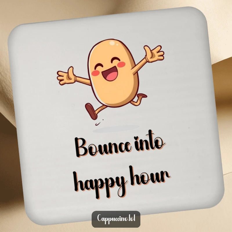 Funny Daring Jump Bean Coaster with a gleeful coffee bean character mid-jump, protecting surfaces with energetic fun.