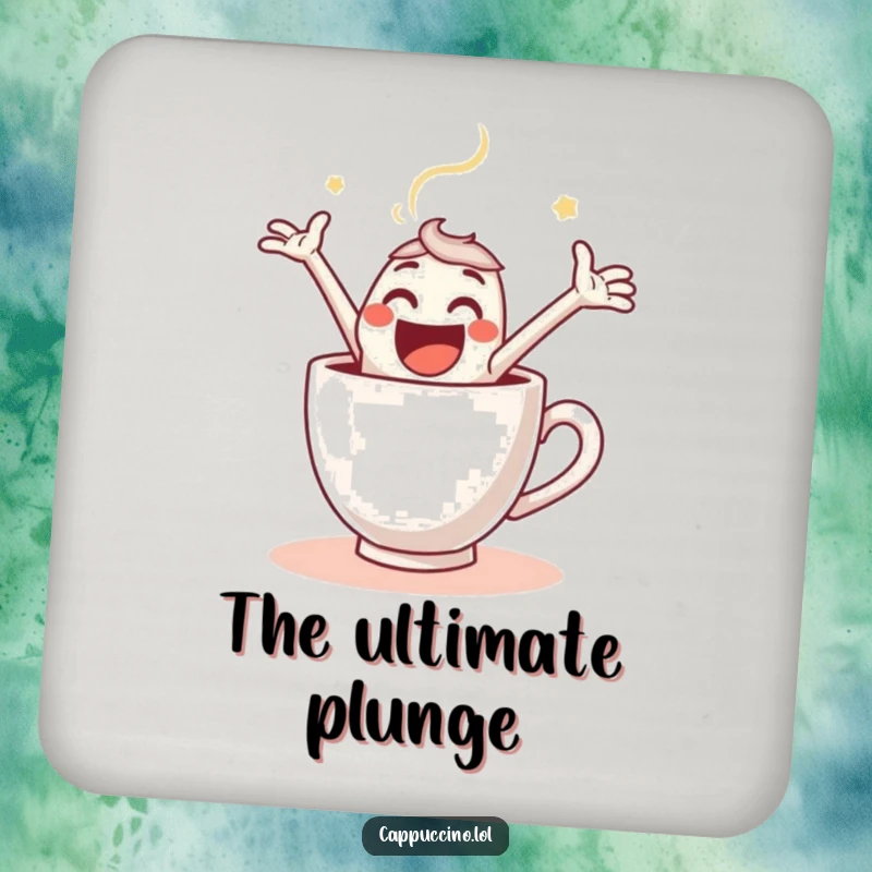Funny Drink Coaster depicting a happy espresso shot character in the midst of an excited leap into a coffee cup.